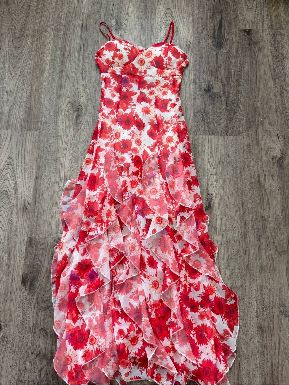Red and White Floral Ruffle Maxi Dress